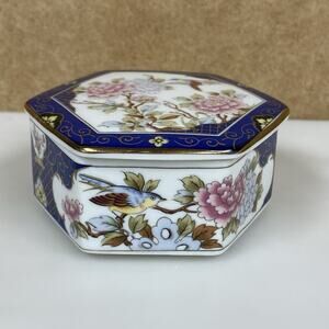 Vintage Porcelain Trinket Box Asahi Japan Birds Flowers Octagonal Ring Box